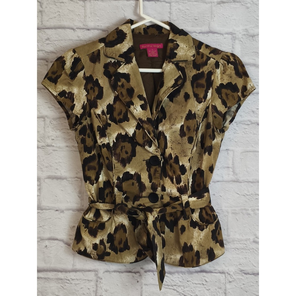 Y2K Sunny Leigh Leopard Print Belted Blazer top SZ 2 Animal Print Safari Jacket